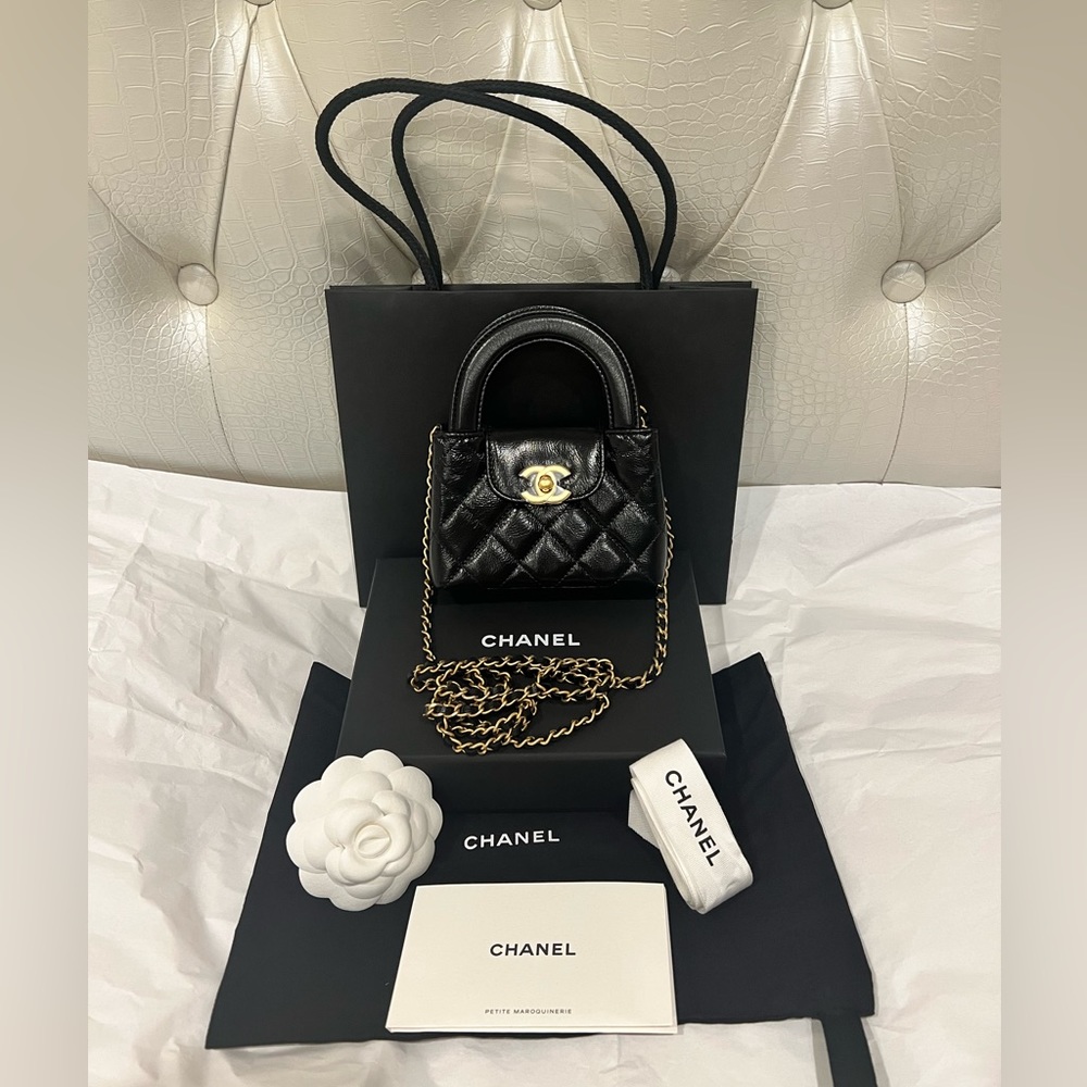 Chanel Kelly Black Top Handle Nano Mini SLG Purse w/Chain Micro Shopping Bag 23K